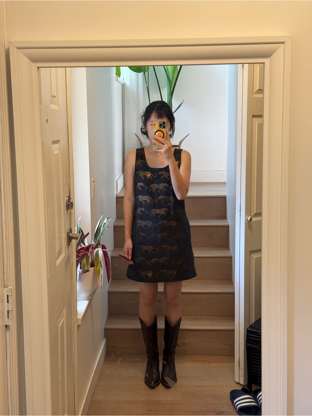 Marc by Marc Jacobs Black Mini Dress with Gold Tiger Motif